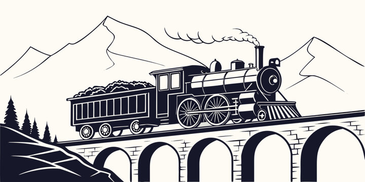 Classic steam locomotive train crossing a viaduct bridge with mountains