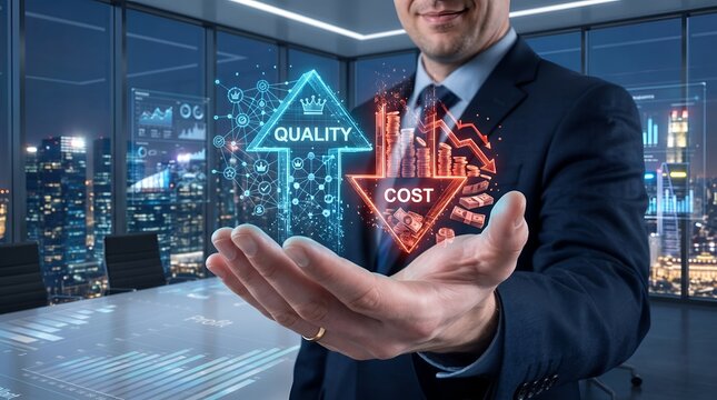Businessman displaying glowing quality and cost arrows representing optimization strategy and profit margin growth