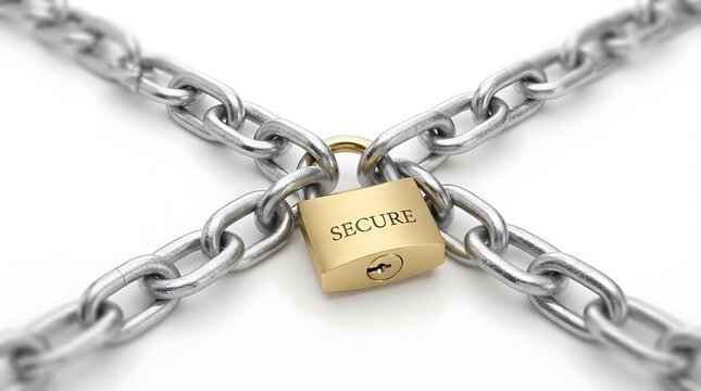 A shiny metal padlock labeled secure locked with two heavy iron chains forming an x shape for data safety concept