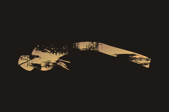 Stylized vector graphic of a swimmer in side stroke. Heavy grunge aesthetic with distressed textures and scratches overlaying a gold to orange gradient silhouette against a dark void. Rough, stencil l