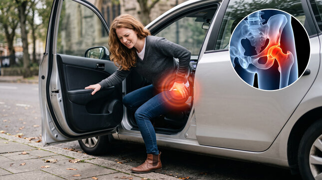Young woman stepping out of car and holding painful hip with a wince. Glowing pain zone and CGI pelvis and hip joint inset overlay. Hip pain after long drive concept. Copy space