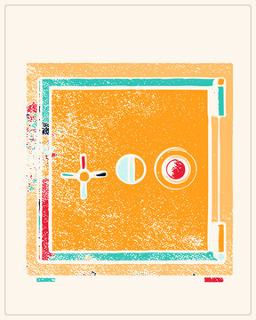 Orange stipple texture, teal/red offset registration marks, vintage screen print style. Features and concentric circles within a rough border.