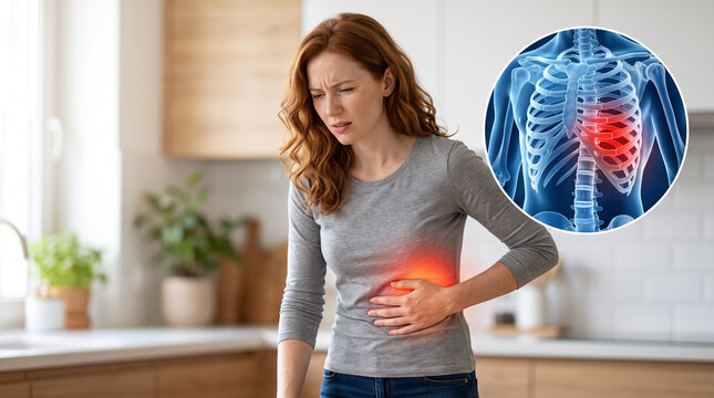 Young woman in kitchen pressing hand to painful side ribs. Glowing red pain zone on rib cage with CGI ribs inset overlay. Rib strain and intercostal pain concept. Copy space