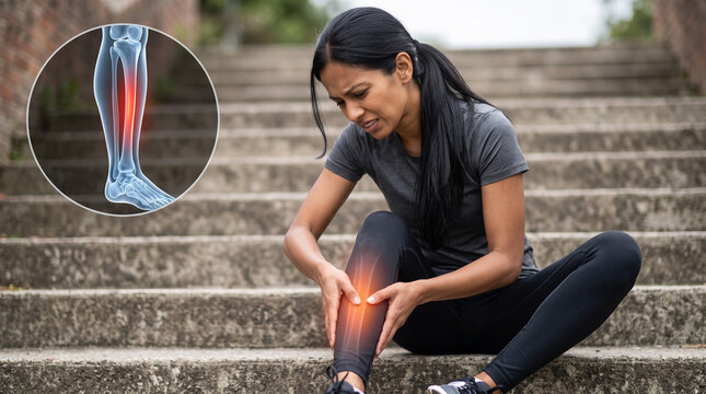 Woman sitting on outdoor stone steps holding twisted painful ankle. Glowing red pain zone with CGI ankle bones inset overlay. Twisted ankle sprain accident concept. Copy space