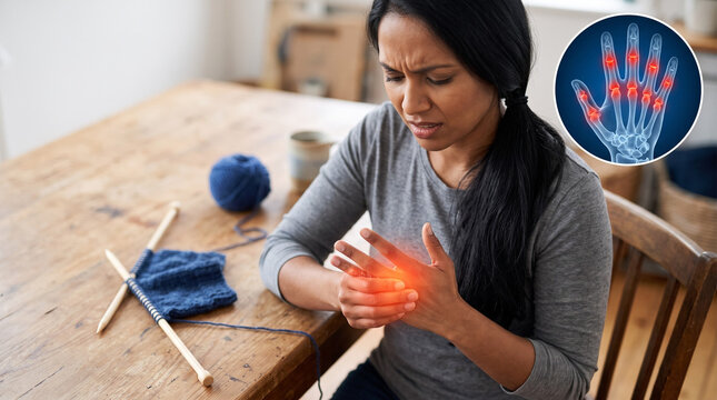 Woman at craft table with knitting needles flexing stiff painful fingers. Glowing red pain spots on finger joints with CGI hand bones inset overlay. Crafting hand strain concept