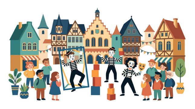Street mimes performing for children in town square.