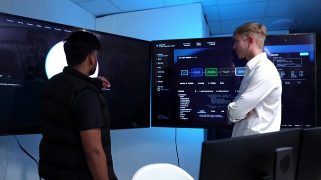 Team of software developers working together to analyze code displayed on large screens in a contemporary office setting