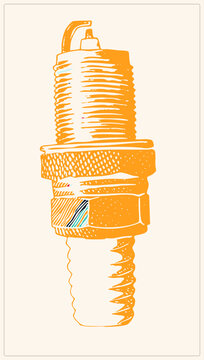 Vertical orange sketch of a spark plug. Features knurling, threaded body, hex nut, and top terminal hook. Rendered with rough hatching marks and hand drawn aesthetic.