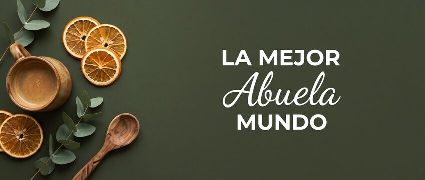 Spanish Mother Day Flat Lay Coffee Cup Dried Orange Slices Eucalyptus Wooden Spoon Background for Best Grandmother Greeting Card Cozy Warm Organic Frame Horizontal Banner Design With Copy Space Text