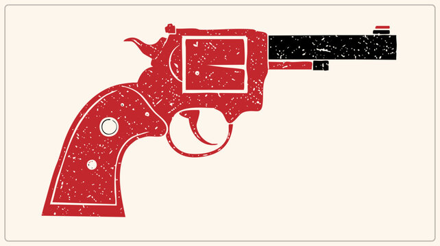Distressed grunge six shooter rendered in stencil style, a classic peacemaker with worn ink texture. The red gat and black barrel evoke wild west poster art and vintage western.