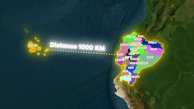 Ecuador Map Zoom Animation with Provinces Division and Galapagos 1000 KM Distance