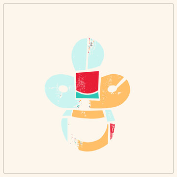 Stylized lily emblem, the lys flower built from fragmented flat shapes with distressed grunge texture. A playful iris in soft pastel tones with a bold red accent.