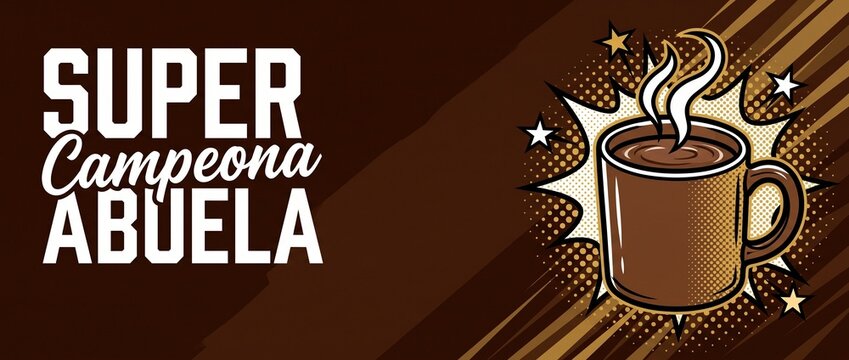 Coffee mug comic pop art banner for super abuela grandma gift, featuring steaming hot chocolate cup design with pop-art starburst background for grandmother celebration card banner header copy space