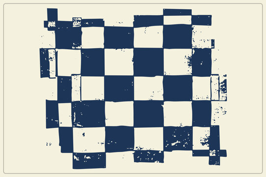 Worn race flag as a distressed checkered banner, chequerboard stamped in deep indigo ink. The finish motif has a vintage stencil texture for a rugged, hand printed look.
