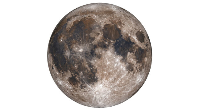 Full moon isolated on white background, detailed lunar surface with craters and maria, celestial sphere for space design