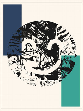 Rough stencil printed koru symbol, a Maori hei matau fishhook motif, as a bold black grunge stamp beside navy and teal blocks. Raw linocut texture gives this tiki emblem edgy screenprint energy.