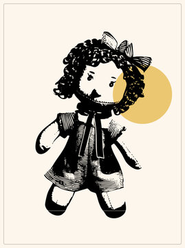 "Nostalgic rag doll in bold black scratchboard, curly yarn hair topped with a bow, warm mustard circle glowing behind. This cloth dolly evokes vintage storybook charm."