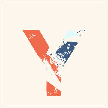Bold red and navy letter Y glyph with eroded speckled texture, distressed grunge strokes, flat vector style, ragged edges.