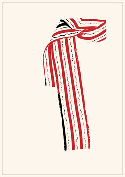 Hand drawn digit seven, also called lucky seven, shaped from draped shemagh stripes in red, black and white. The folk numeral motif combines textile texture with bold typographic design.