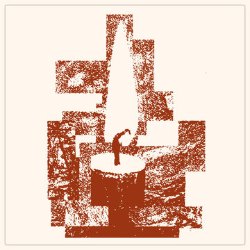 "Burning light with flickering flame in stippled rust texture over blocky stepped shapes. Vintage rushlight cutout blending grunge stencil grit with halftone detail on transparent alpha."