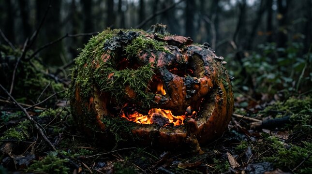 森の苔むした地面に置かれた炎が灯るジャックオーランタン