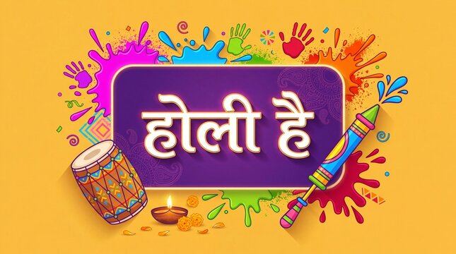 Holi Hai Indian Festival Greeting Design with Dhol Pichkari Diya and Vibrant Color Splash for Festive Promotion