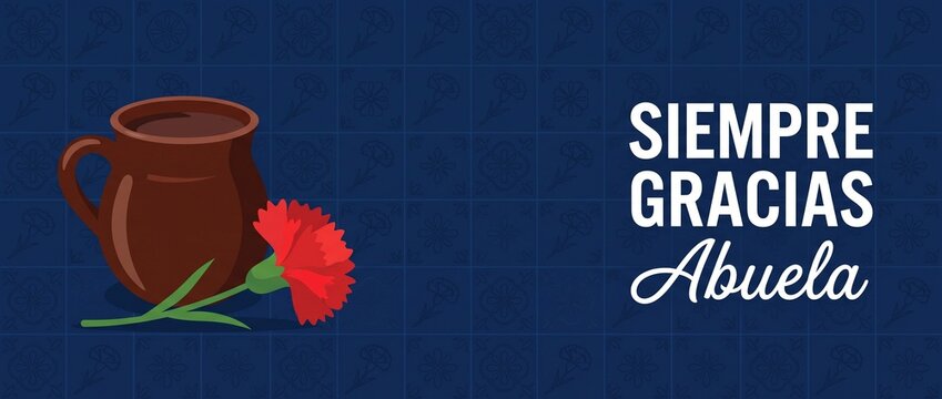 Mexican grandma clay mug carnation vector banner background celebrating Grandparents Day with Spanish text Siempre Gracias Abuela for family gratitude horizontal poster card design concept.