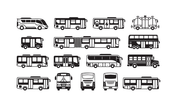 Public transportation bus icons set includes various city transit vehicle types.