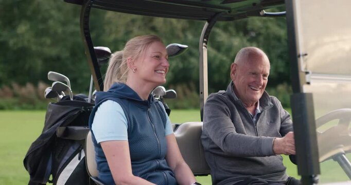 Happy, people and talking in golf cart on course with personal trainer, friends or chat with senior man. Woman, smile and elderly golfer relax or drive kart on lawn in retirement, vacation or holiday