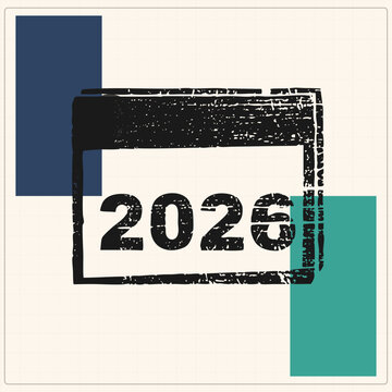 2026 in bold, distressed black ink on navy/teal geometric blocks over graph paper. Gritty texture offers an authentic, hand stamped look for planning aesthetics.