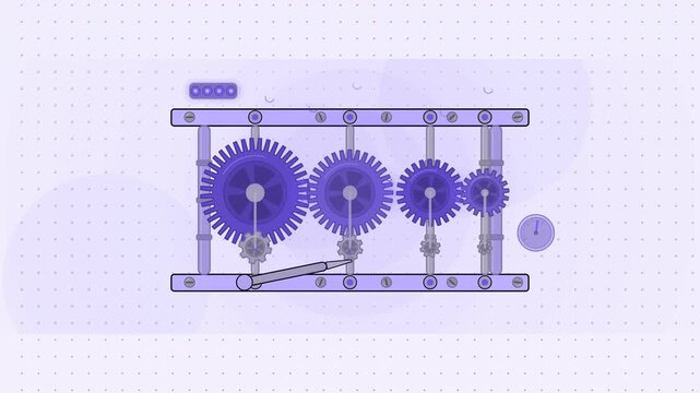 Abstract animated gear train stepping down the drive drawn as blue and cyan lines and shapes on a bright, clean light background. Seamless looping 4K motion graphics video with free space for text, id
