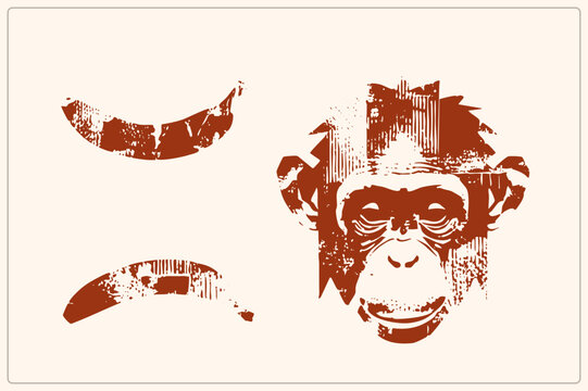 Rust chimp face and two banana silhouettes in rough street art stencil style. Features vertical scratches, fragmented edges, and raw aesthetic for rugged branding.