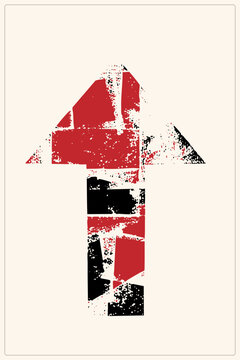 Gritty, vertical arrow in rough grunge style with fragmented red/black ink. Distressed stamp graphic with heavy weathering simulating worn road markings or street art on plain background.