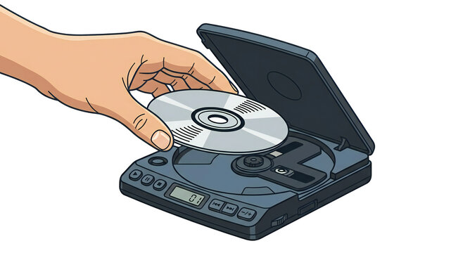 Hand placing a compact disc into an open portable CD player, isolated on white background