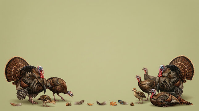 Family of turkeys and feathers on olive background for thanksgiving greeting cards educational resources seasonal children book covers and fall crafts.