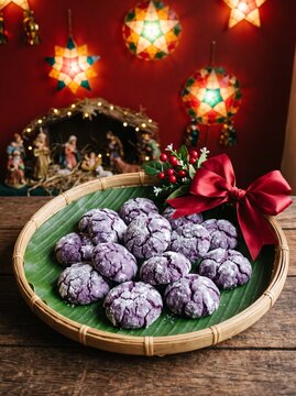 Traditional Filipino Bilao Basket with Ube Crinkle Cookies and Red Ribbon for Christmas