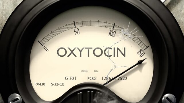 Oxytocin meter showing big levels of oxytocin. Dangerously increasing high values of oxytocin, critical overload. Too much, off the charts. Max oxytocin