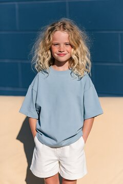 Smiling blonde girl in light blue shirt and white shorts against blue wall background for summer clothing catalog and poster