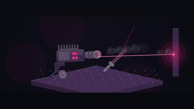 Abstract animated laser pointer casting a beam drawn as violet and blue lines and shapes on a deep dark background. Seamless looping 4K motion graphics video with free space for text, ideal for title 