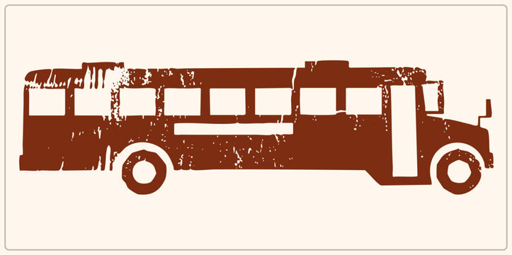 Rough stencil reddish brown bus with heavy distress, worn edges, and rectangular windows. Flat design highlights gritty texture against a clean background.