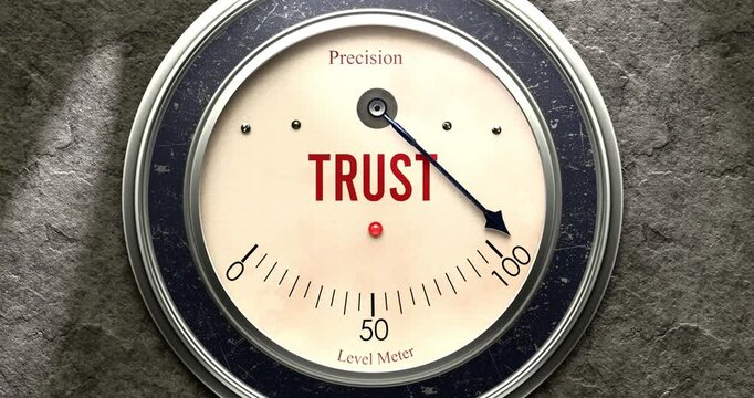Trust  meter that is hitting a full scale, showing rising levels of trust, overload of it, too much of it. Maximum value, off the charts.