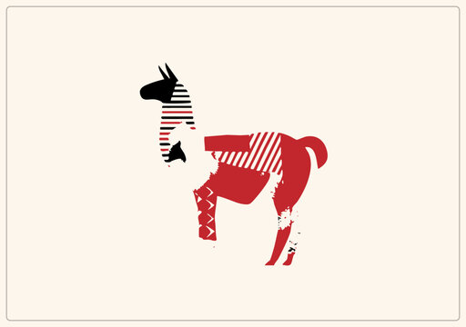 Stylized geometric llama with red blocks and black. Features stencil like diagonal hatching and zigzag motifs, blending Andean with modern flat graphics via high contrast crimson and