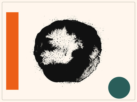 Black ink splat dominates center. Contrasts with sharp orange rect and teal disc. Flat vector geometry meets messy aesthetic.