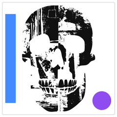 Obraz premium High contrast black skull in rough stenciling style with weathered texture. Features blue rectangle left, purple circle bottom right. Combines decay and geometry for modern design.
