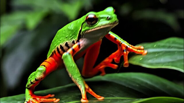 Vibrant green tree frog with orange legs on tropical leaf. Exotic rainforest amphibian in jungle habitat. Colorful wildlife macro footage.