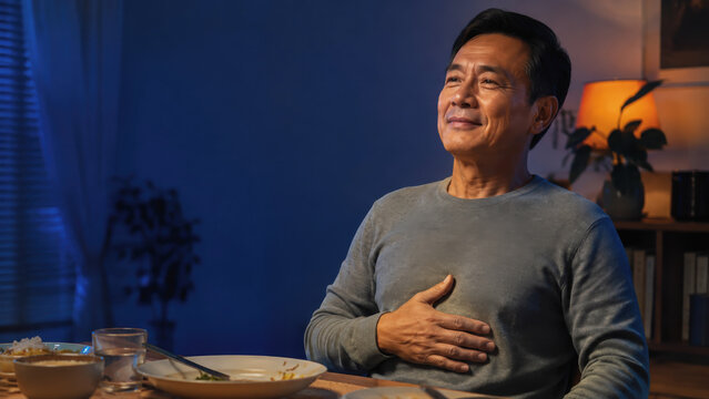 Relieved senior man antacid after meal health