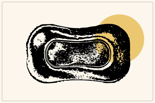 Squashed stone/blob. Speckled, worn edges, mustard geometric accent on pale background.