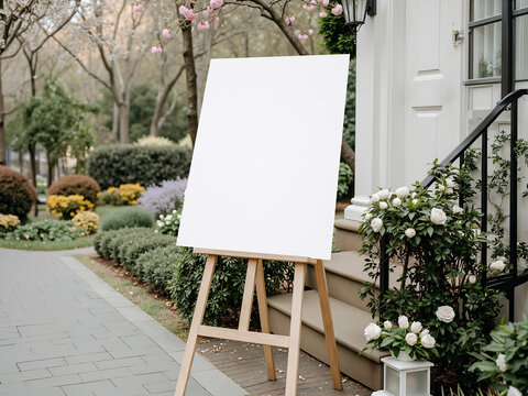 Blank white poster mockup on wooden easel at house entrance with white roses for wedding