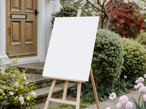 Blank white poster mockup on wooden easel at house entrance with door and flowers for wedding
