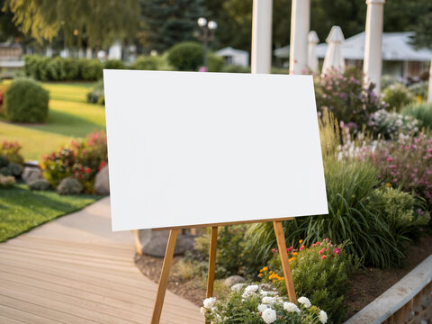 Blank white poster mockup on wooden easel in outdoor park with flower beds for wedding